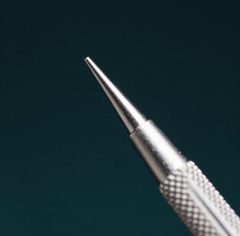 Extreme macro close-up of a surgical dental forceps tip, focusing on the textured knurling of the handle and the sterile silver-gray metallic bevel, sharp studio lighting, deep obsidian background.