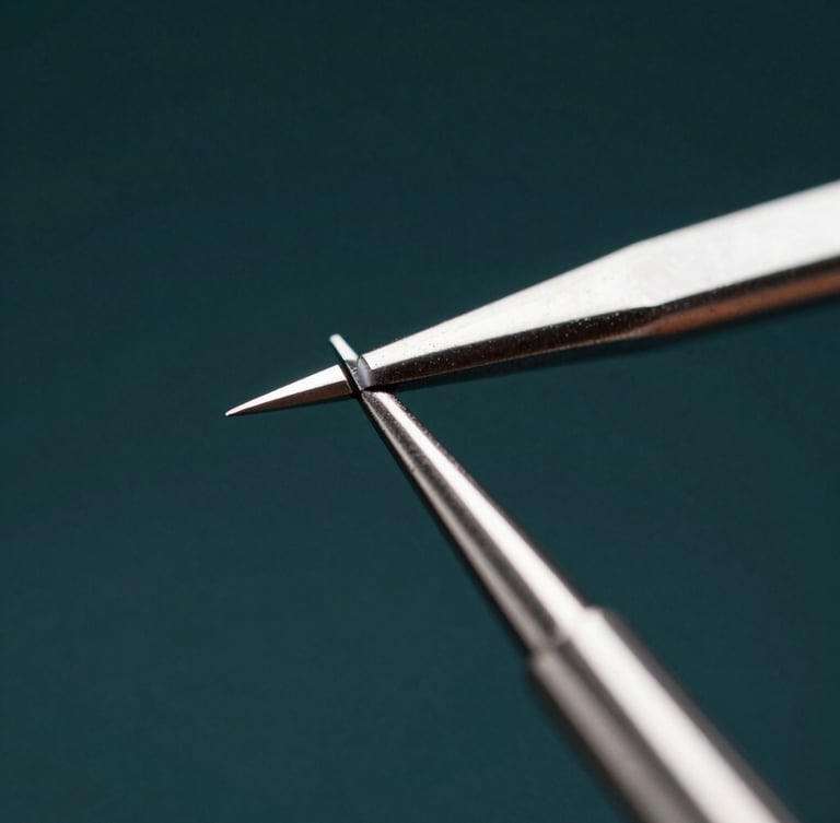 Extreme macro close-up of a surgical scaler tip, hard sterile key light reflecting off razor-sharp beveled steel edge, dark obsidian background, high-contrast studio photography.