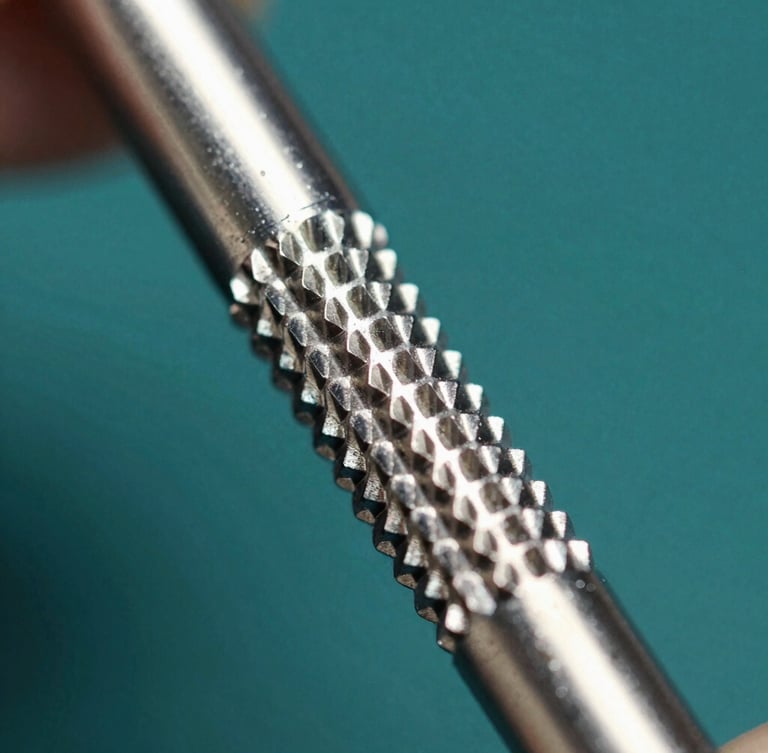 Extreme close-up of surgical steel knurling under hard key light, sharp metallic reflections, sterile laboratory background