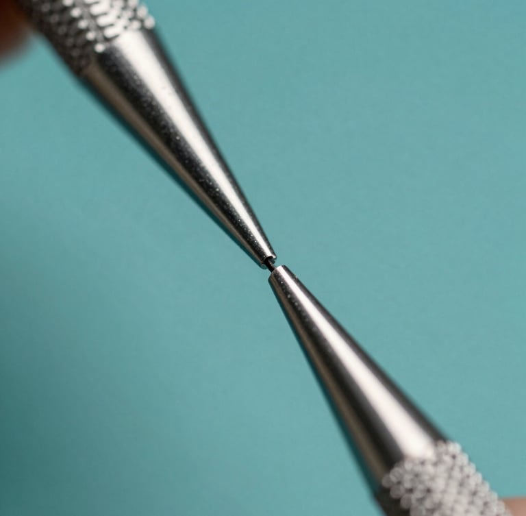 Extreme close-up of a premium dental elevator tip, showing the sharp technical bevel and sterile steel finish, cool surgical teal reflections, zero warm light, high depth of field.