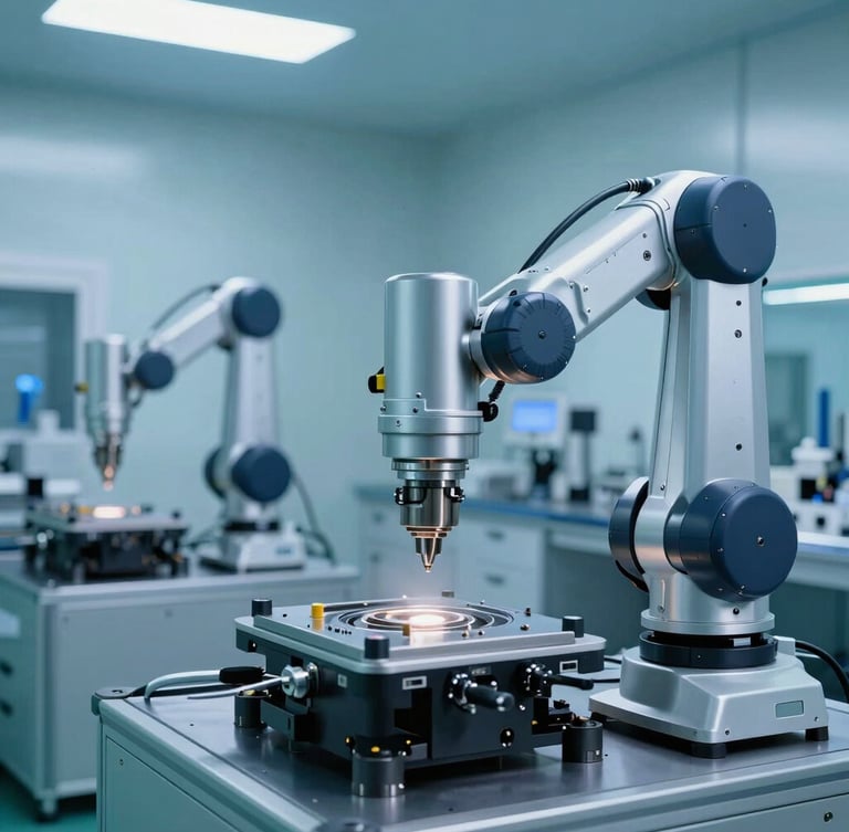 Wide shot of a sterile clean-room manufacturing facility, robotic milling machines, cool blue and surgical teal lighting, high-tech precision environment