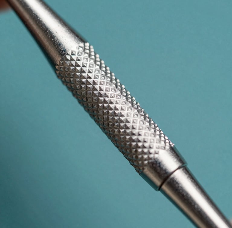Extreme macro close-up of a textured metallic dental instrument handle, sharp knurling detail, sterile silver reflections, high-contrast studio key light, cool silver tones