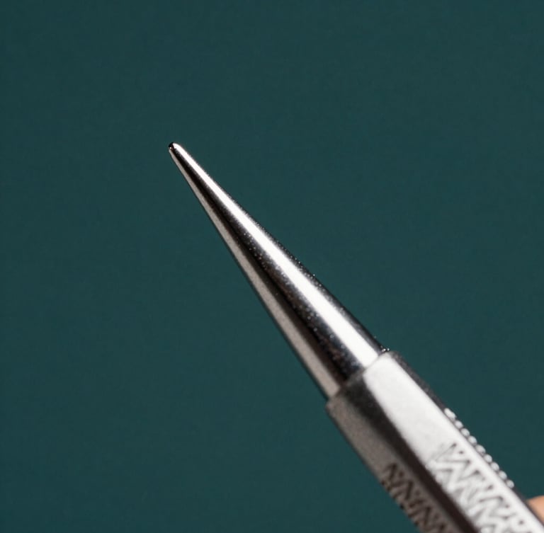 Macro close-up of a surgical elevator tip, high-contrast studio key light with sharp metallic reflections, cool silver-gray undertones, extreme depth of field