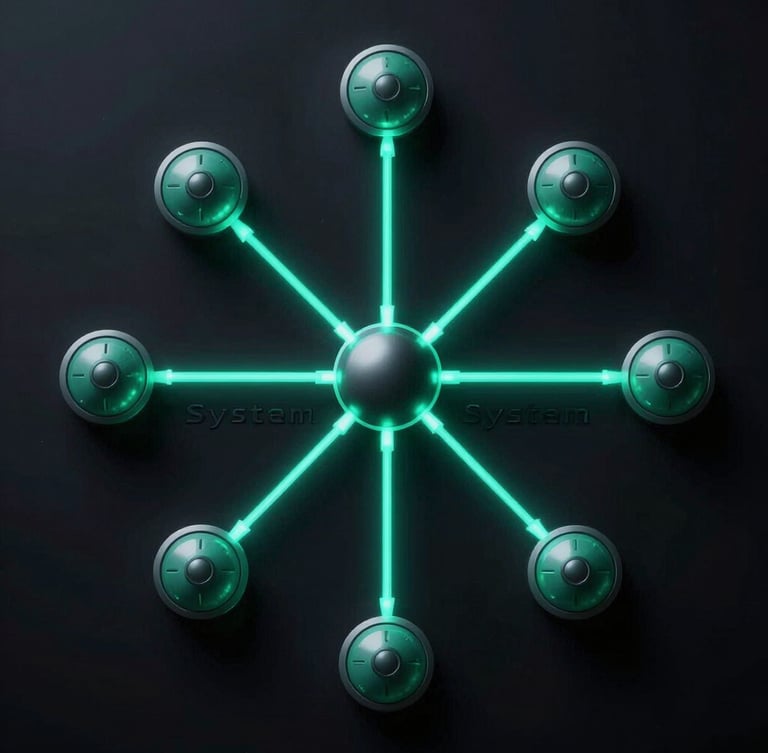 Symmetrical system node diagram showing structured data routing paths in bright cyan and cyber-green light on a dark background