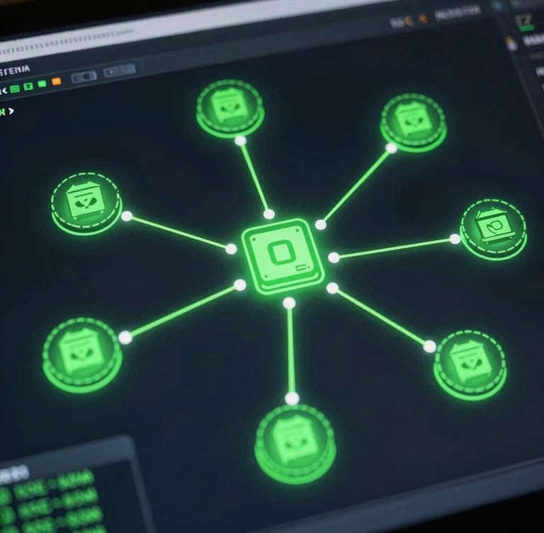 Macro view of active n8n automation canvas on a dark terminal screen, glowing green connection lines linking secure database nodes, cyber-green accents, high fidelity UI detail.