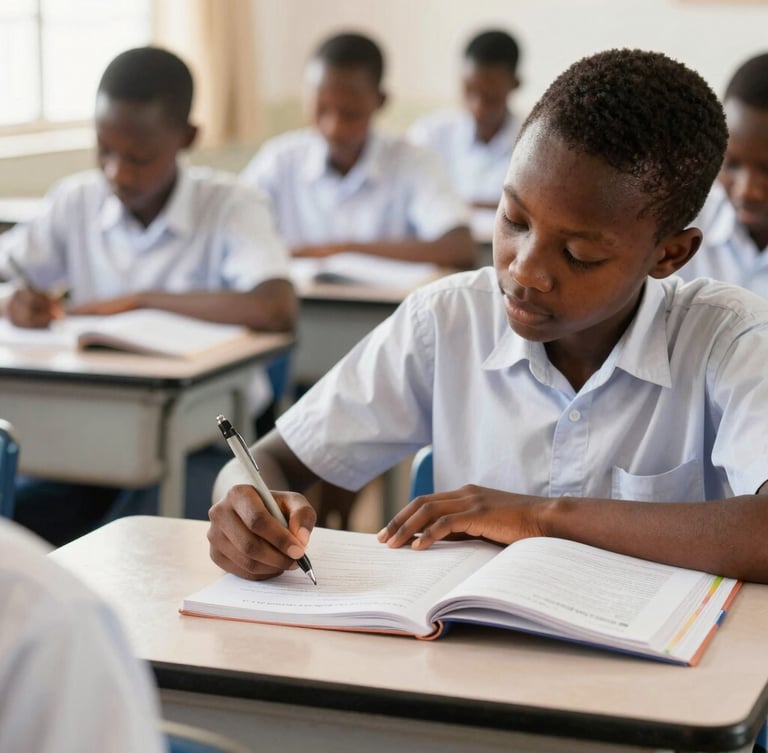 Focused Ghanaian high school student reviewing notes in a well-lit classroom, pen in hand, with textbooks open on a desk. Bright, natural daylight, warm and encouraging tones, shallow depth of field, over-the-shoulder framing.