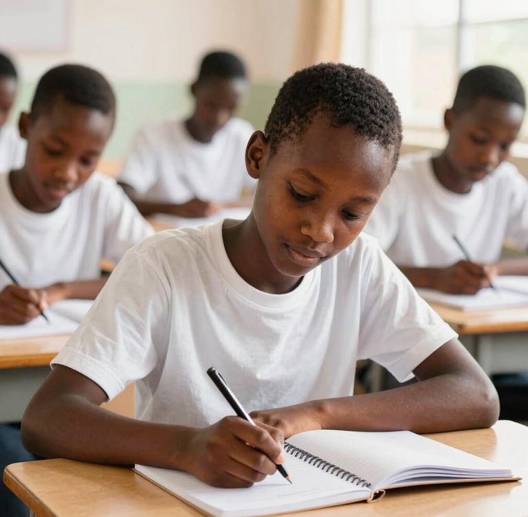 Young Ghanaian student focused on writing in a notebook, bright natural daylight, warm academic tones, shallow depth of field, authentic classroom setting