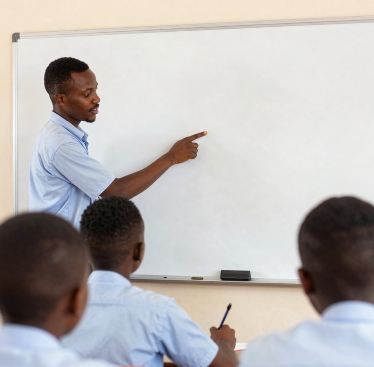 Ghanaian high school student actively participating in a tutoring session, tutor explaining concepts on a whiteboard, natural daylight, soft academic tones, medium shot