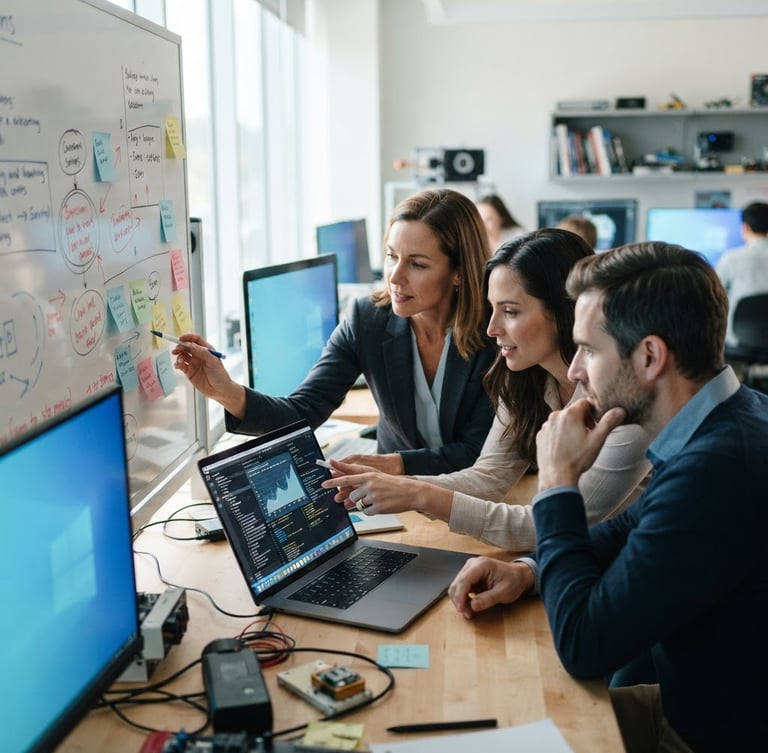 Candid editorial photography of active educators collaborating in a bright modern lab space, close-up of digital interfaces alongside physical sticky notes, soft daylight with cool screen glow, 50mm lens
