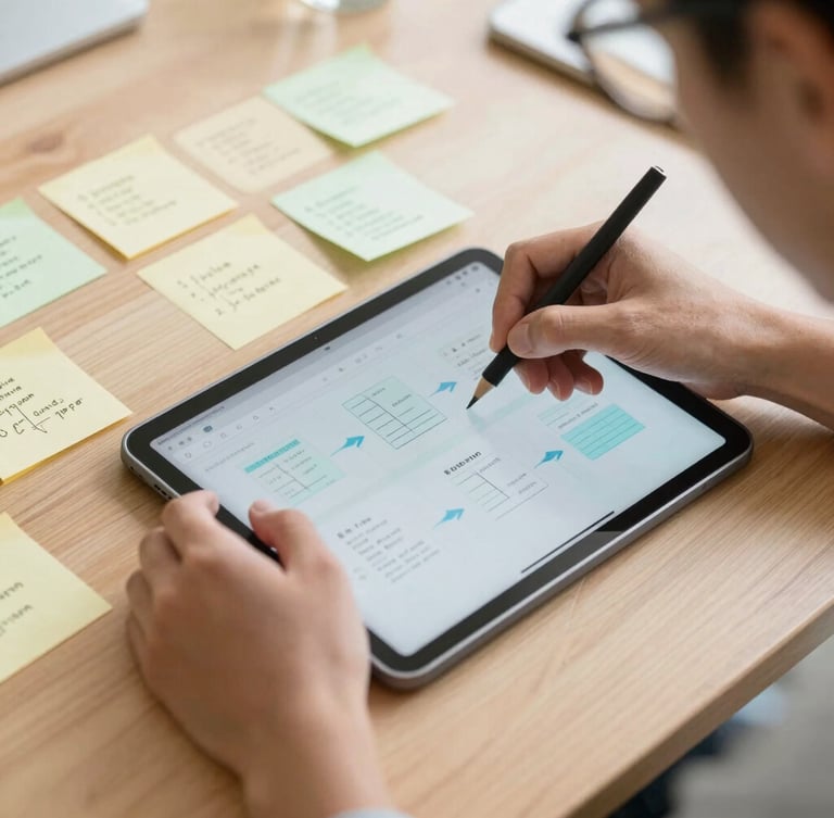 Close-up of an educator's hands configuring an AI interface on a tablet, physical sticky notes with pedagogical frameworks on a wooden table, candid editorial photography.