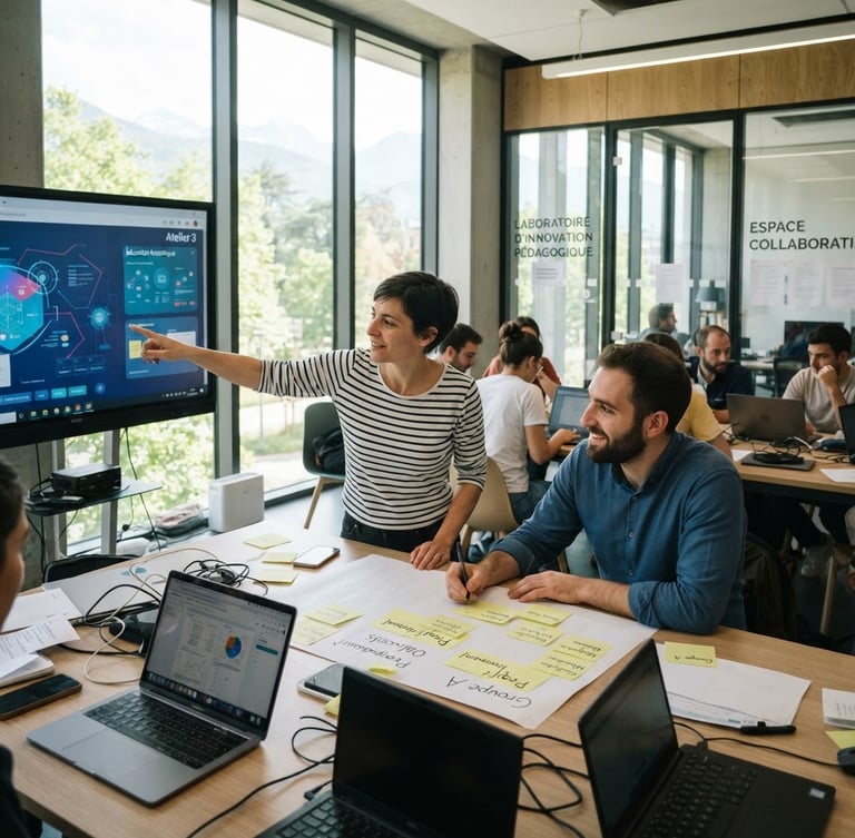Candid editorial photography of a modern collaborative lab space in France, bright natural daylight, educators working with digital interfaces and physical sticky notes, 50mm lens.