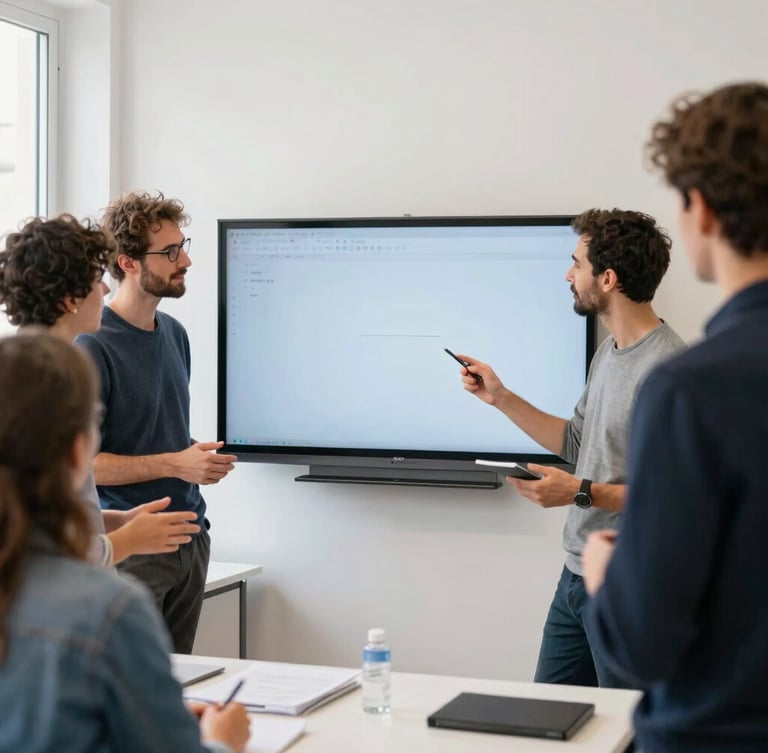 A diverse group of European teachers collaborating in a bright Marseille workshop space, sharing ideas on a digital whiteboard, soft natural daylight.