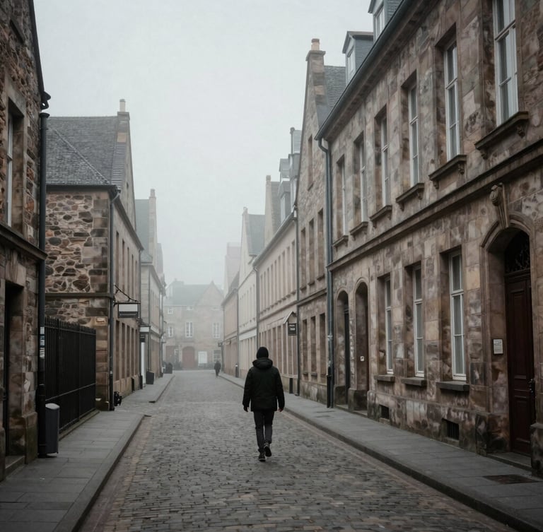 A solitary figure walking through a quiet, misty European street with historic stone architecture, soft overcast daylight, desaturated muted tones, high contrast.