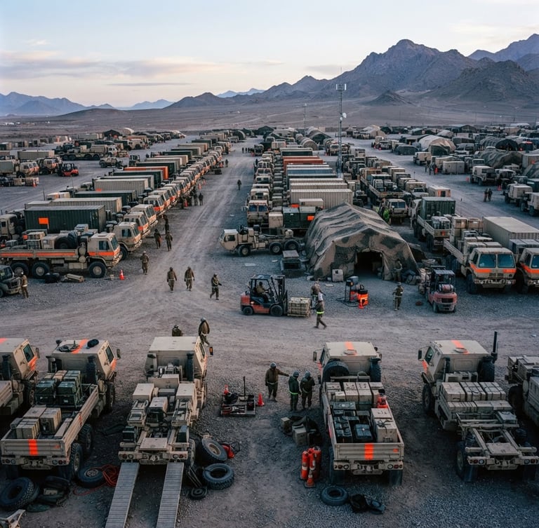 Wide panoramic of a tactical logistics fleet in a staging area at dawn, heavy-duty trucks and specialized vehicles, cool desaturated tones with safety orange accents, sharp focus, 35mm lens.