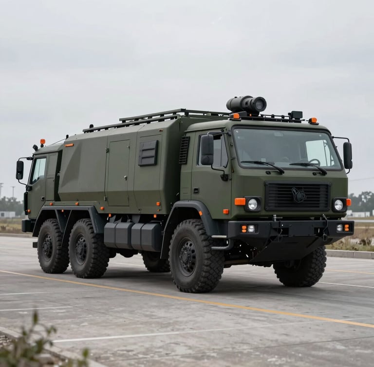 Wide environmental shot of a convoy of specialized tactical logistics vehicles in active deployment, overcast daylight, cool desaturated tones, sharp focus, safety orange accents visible.