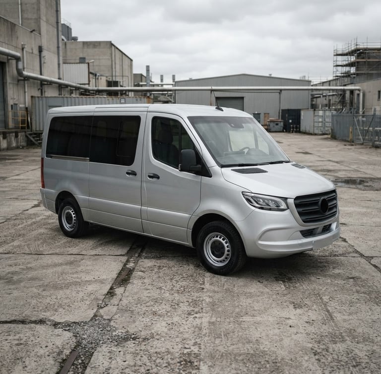Three-quarter view of a clean modern silver passenger van parked in a desaturated industrial concrete yard, overcast daylight, crisp automotive photography, 35mm lens