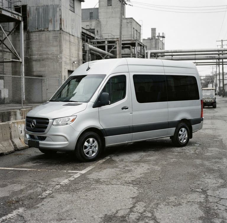 Crisp automotive photography of a clean modern passenger van parked in a desaturated industrial environment, overcast daylight, 35mm lens