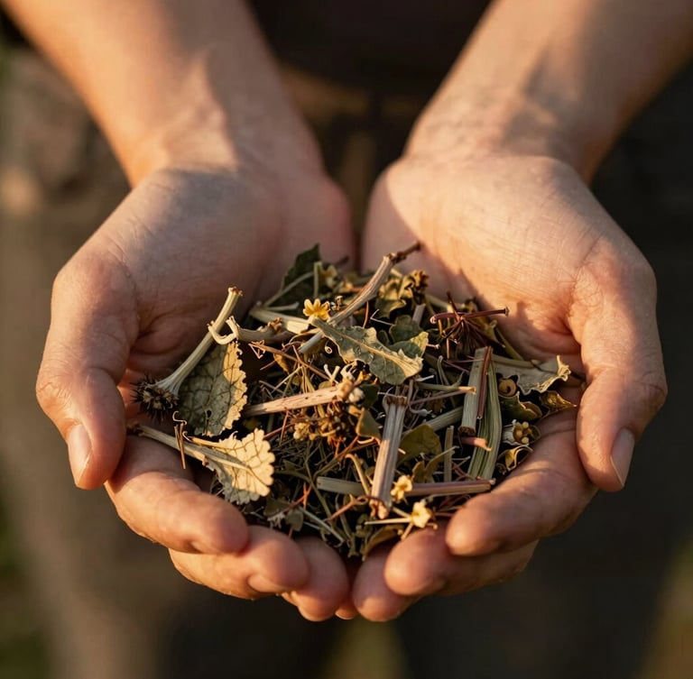 A close-up of hands holding raw organic mountain herbs, warm golden hour side-light, rich earth tones, tactile textures, shallow depth of field, 35mm