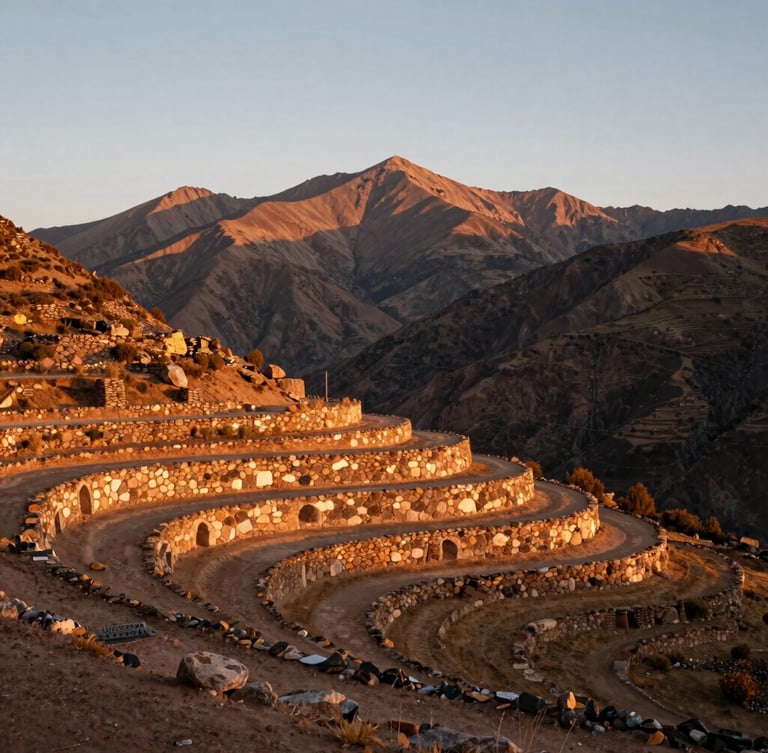 Wide environmental landscape of high Andean mountain peaks at golden hour, soft warm light reflecting off ancient stone terraces, 35mm photography