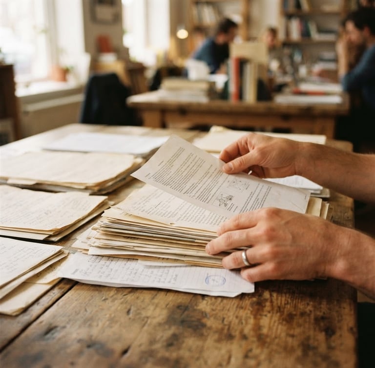 Close-up of hands organizing physical documents on a wooden table, soft natural daylight, warm realistic tones, 35mm lens