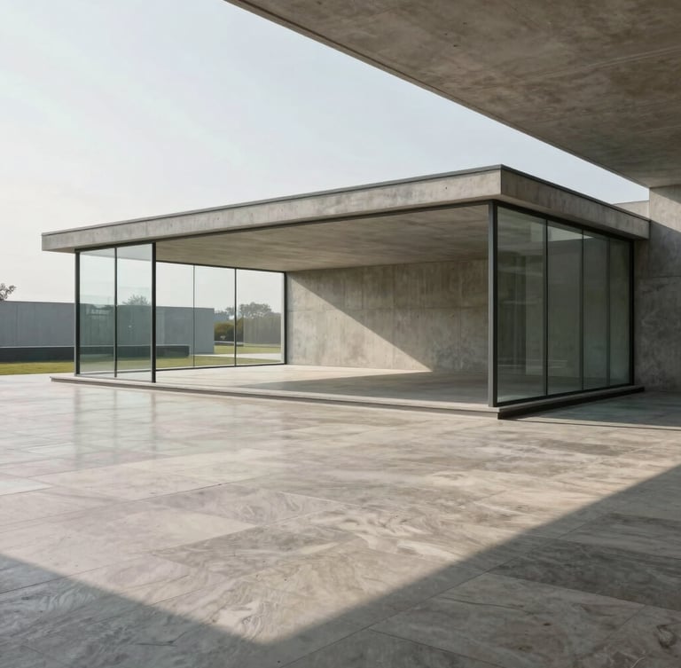 Wide-angle architectural shot of a minimalist concrete and glass pavilion, soft natural daylight casting sharp structural shadows across polished limestone floors, empty and immaculate.