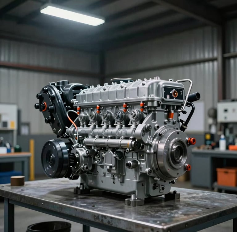 Industrial commercial photography, dramatic overhead warehouse lighting, a clean heavy-duty diesel engine sitting on a steel workbench in an authentic workshop bay, sharp focus, 35mm
