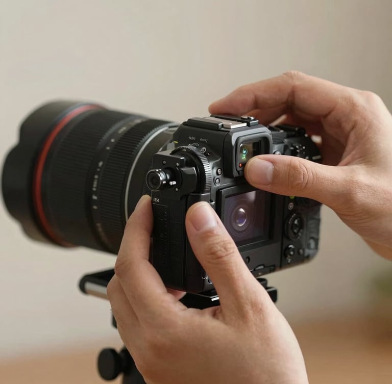 Cinematic close-up of hands adjusting a camera rig focus ring, soft lighting, warm elegant tones.