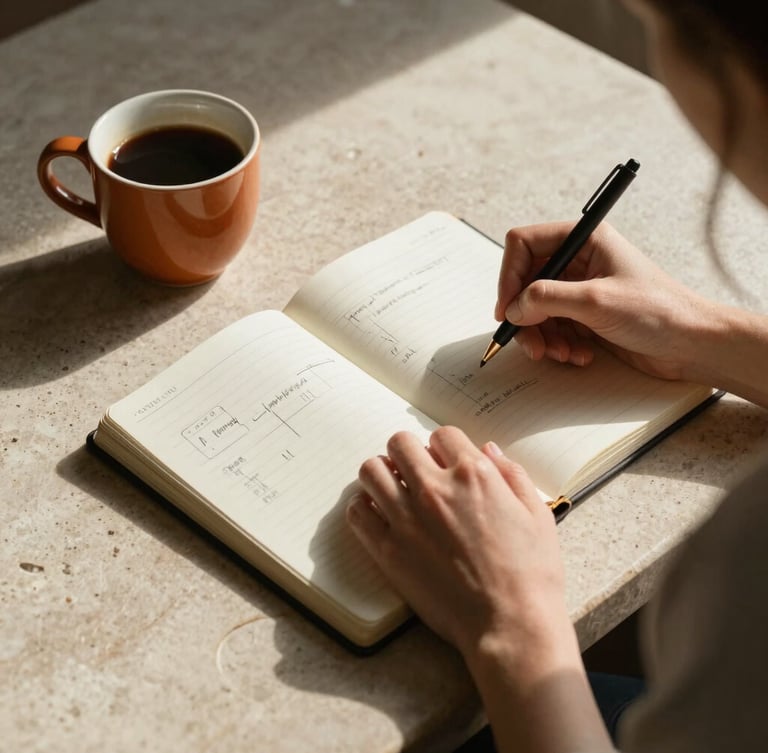 Cinematic medium shot, high-contrast natural light. A woman's hands carefully sketching layouts in an open physical planner next to a warm ceramic cup of black coffee on a textured ivory stone surface, deep artistic shadows.