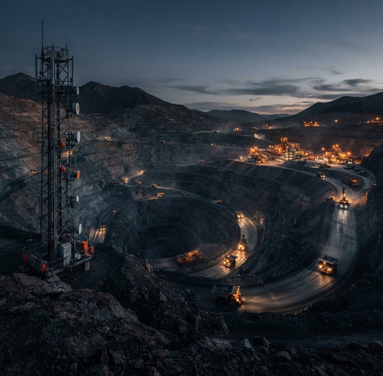 Wide panoramic shot of an open-pit mine at dusk, heavy machinery in operation, with a ruggedized communication tower in the left foreground, low-key dramatic lighting, cool slate and deep navy tones, sharp amber accents, 35mm lens.