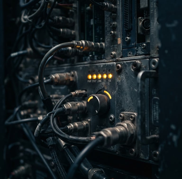 Macro detail shot of ruggedized telemetry hardware with glowing amber status indicators, low-key dramatic lighting, cool slate tones, 35mm lens.