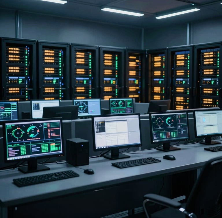 Wide shot of a modern, high-security data center control room, multiple monitors displaying real-time telemetry, low-key dramatic lighting with amber and green status indicator highlights, cool blue and slate tones.