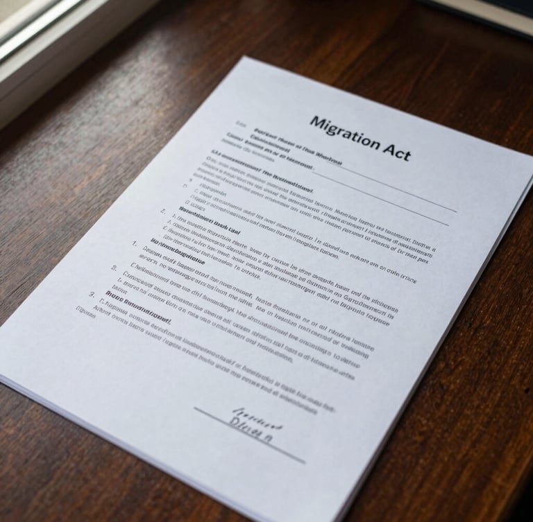 A close-up, top-down view of crisp legal documents and the Migration Act text on a dark oak desk, natural daylight from a side window illuminating the pages.