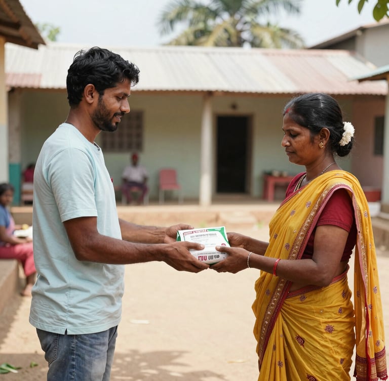 A volunteer handing a fresh nutrition package to a mother in a bright village courtyard in Andhra Pradesh, natural Indian daylight, authentic documentary photography
