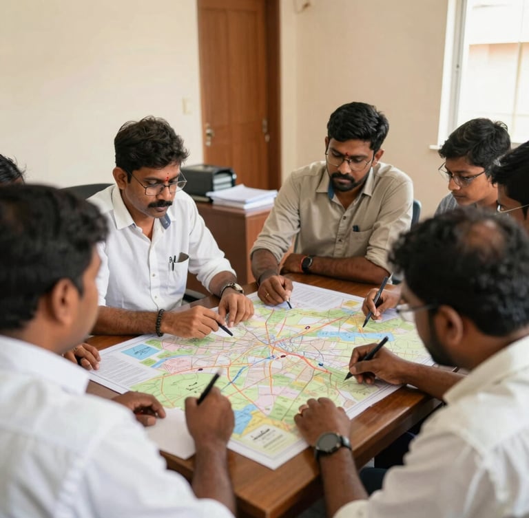A professional office meeting in Andhra Pradesh, local coordinators planning community outreach on a map, bright natural daylight, authentic documentary style.