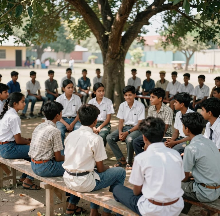 An open-air community training camp with local youth sitting on wooden benches under a shade tree, bright daylight, candid 35mm lens