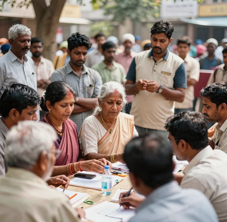 Candid documentary shot of Indian community volunteers in Andhra Pradesh conducting a local information drive, bright natural daylight, warm organic tones, 35mm lens