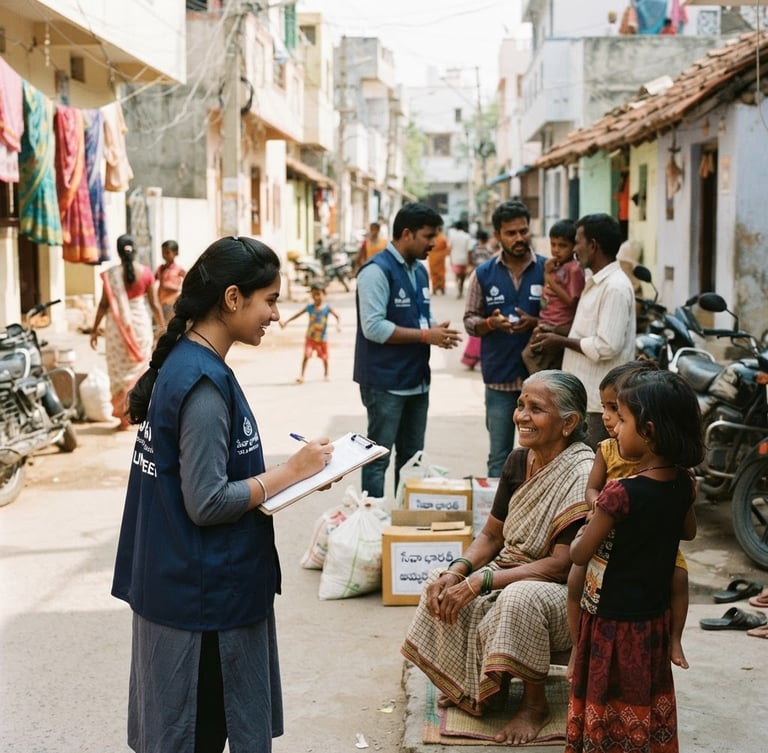 Candid documentary shot of active community volunteers in branded vests coordinating with local families in an Andhra Pradesh neighborhood, bright natural daylight, 35mm lens.
