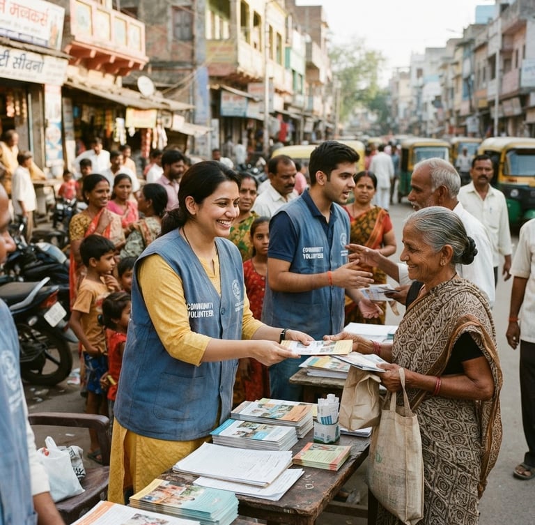 Candid documentary photograph of local Indian volunteers in branded blue vests organizing community outreach under bright daylight, 35mm lens, warm organic tones