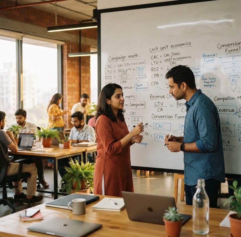 Warm editorial photography of a modern sunlit office interior in Ahmedabad, a large whiteboard showing campaign math and unit economics formulas, bright natural daylight, 35mm