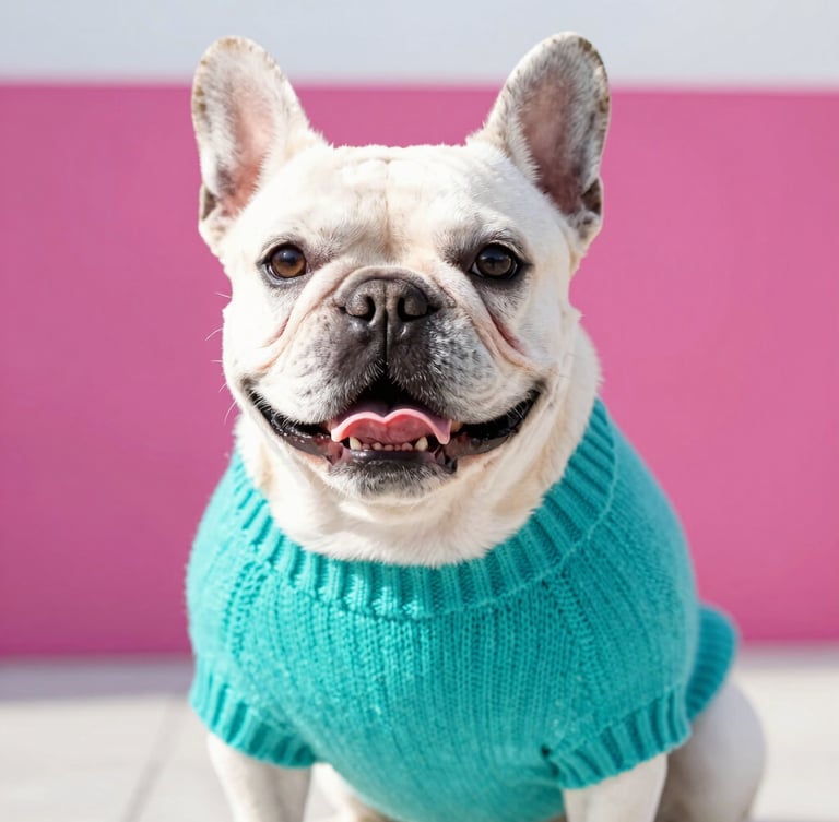 Bright high-key pet photography of a happy French bulldog wearing a custom teal knit sweater, eye-level medium shot, soft natural daylight, vibrant magenta background accents, 35mm