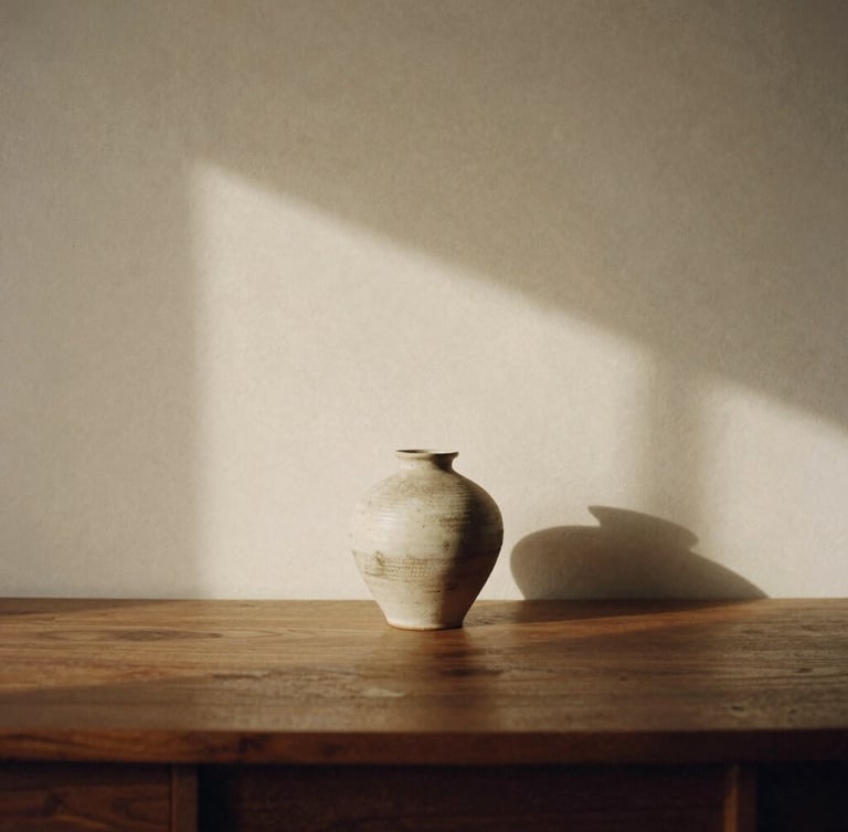 Stark minimalist workspace with warm light casting clean shadows on a textured cream wall, a singular ceramic vase on a dark oak desk, 35mm film grain, editorial composition.