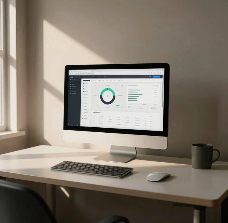 A minimalist workspace with warm directional window light casting soft shadows on a clean desk, a modern physical screen displaying a sleek analytics dashboard, 35mm film grain.