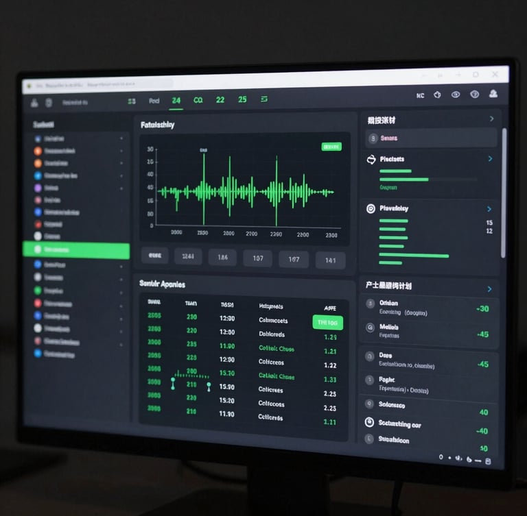 High-fidelity UI screenshot of a complex data pipeline dashboard, dark mode interface, sharp signal-green status highlights, low-key studio lighting