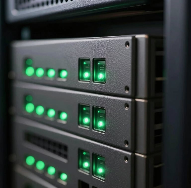 Extreme close-up macro shot of a server rack with active signal green status lights, sharp directional lighting