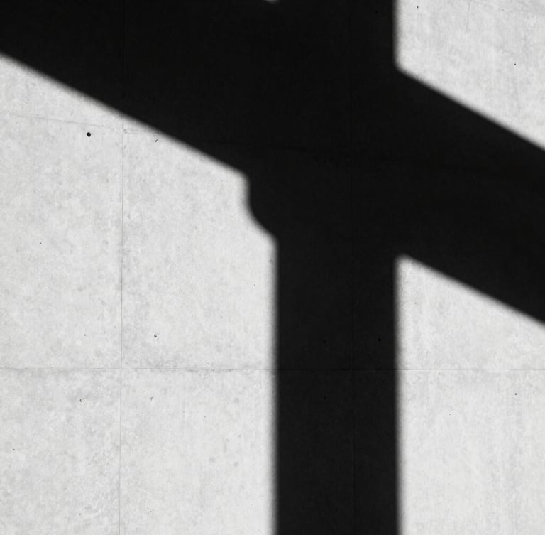 High-contrast black and white photography, dramatic architectural shadows on a clean concrete wall, minimalist editorial composition, sharp focus