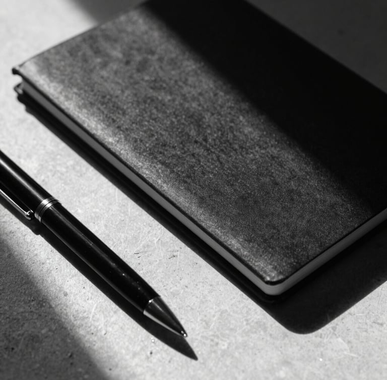 Macro close-up of a minimalist black notebook and a premium pen on a textured concrete desk, dramatic harsh side-lighting, black and white