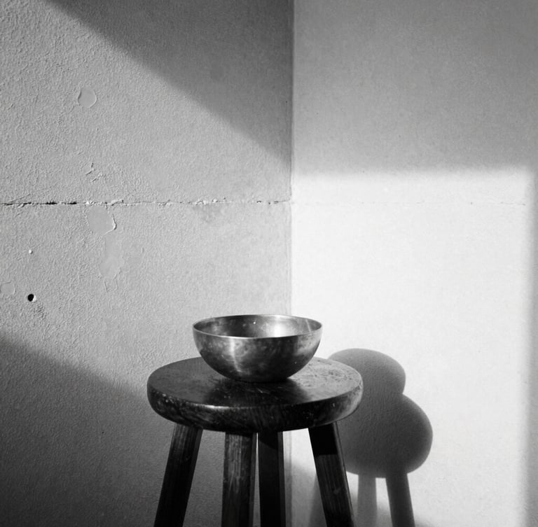 Extreme close-up of a sunlit corner of a minimalist room, raw concrete wall, a single dark wooden stool with a brass bowl, sharp natural shadows, monochrome, 35mm