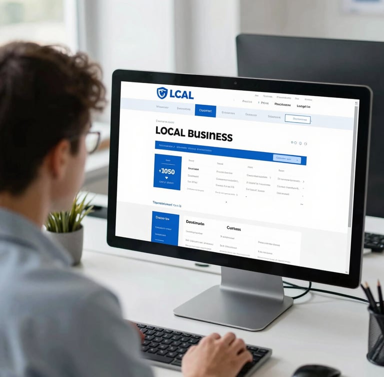 Over-the-shoulder shot of a developer analyzing a clean local business website mockup on a desktop screen, bright natural daylight, crisp blue accents, 35mm