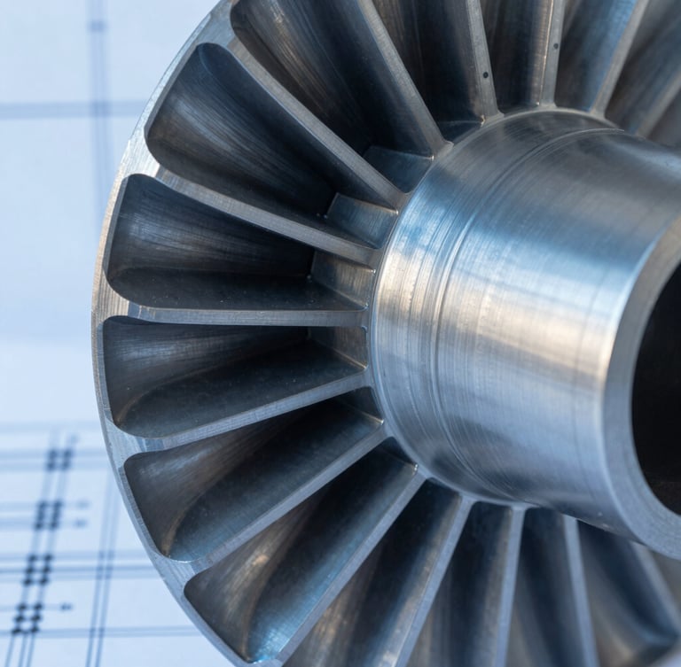 Macro detail shot of a high-contrast steel turbine component, cool daylight, technical CAD blueprint lines faintly visible, sharp focus, 35mm
