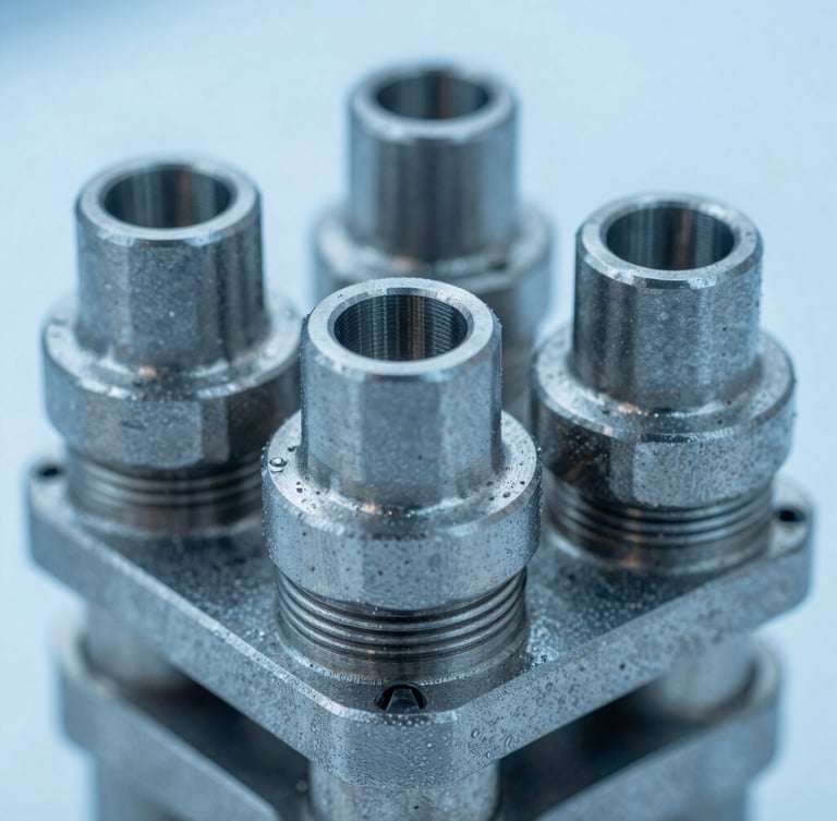 Macro detail shot of high-tolerance steel mechanical valves, cool daylight, sharp focus on metallic edges, blue tones, 35mm